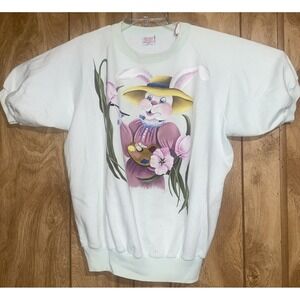 Vintage Hand painted Short Sleeve Sweatshirt‎ Rabbit Floral XL Rich Tees 70/80's